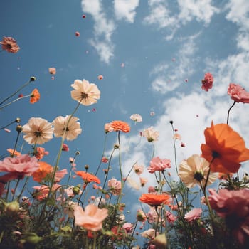 View from the bottom of the flowers of red poppies and white flowers, petals, on top of the clouds and sky. Flowering flowers, a symbol of spring, new life. A joyful time of nature waking up to life.