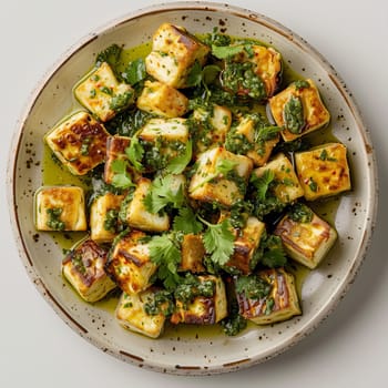 A dish of traditional Indian paneer cheese, diced and fried with spices, garnished with fresh cilantro and pesto on a ceramic plate. View from above.