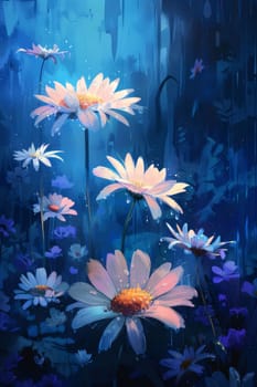 Representations, illustration, image of tall flowers with white petals in blue forest concept. Flowering flowers, a symbol of spring, new life. A joyful time of nature waking up to life.