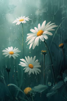 Representations, illustration, image of tall flowers with white petals in green forest concept. Flowering flowers, a symbol of spring, new life. A joyful time of nature waking up to life.