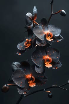 Black orchid flowers on a dark background. Flowering flowers, a symbol of spring, new life. A joyful time of nature waking up to life.