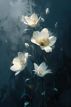 White flowers on stems on a dark gray background. Flowering flowers, a symbol of spring, new life. A joyful time of nature waking up to life.