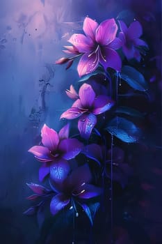 Purple flowers. Drops of dripping water, rain in the dark forest, around a long leaf. Flowering flowers, a symbol of spring, new life. A joyful time of nature waking up to life.