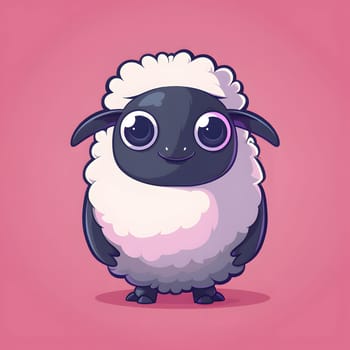 A toy cartoon sheep with big eyes is depicted standing on a pink background, surrounded by a bird with a violet beak, creating a whimsical and colorful art piece