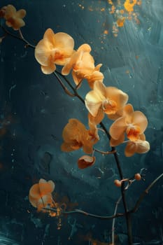 Orange orchid flowers on a dark background. Flowering flowers, a symbol of spring, new life. A joyful time of nature waking up to life.