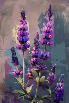 Painted drawn purple lavender flowers with green leaves on a gray background. Flowering flowers, a symbol of spring, new life. A joyful time of nature waking up to life.