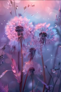 Dandelion with seeds and drops of water all around dark background. Flowering flowers, a symbol of spring, new life. A joyful time of nature waking up to life.