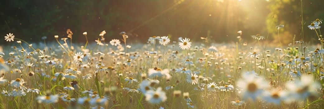 Horizontal photo of colorful white flowers growing above the green grass in a field, at the top rays of the setting sun. Flowering flowers, a symbol of spring, new life. A joyful time of nature waking up to life.