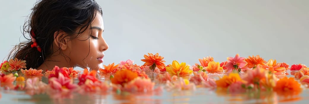 Young woman floating around pink red, orange flowers, horizontal photos. Flowering flowers, a symbol of spring, new life. A joyful time of nature waking up to life.