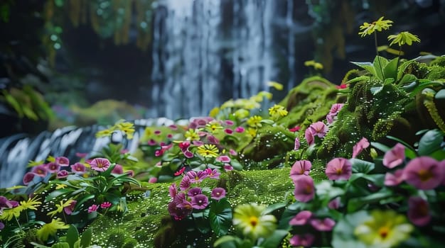 A view of colorful flowers growing on the mountainside, with a waterfall in the background. Flowering flowers, a symbol of spring, new life. A joyful time of nature waking up to life.