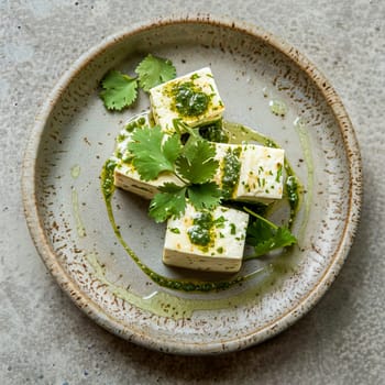 A dish of traditional Indian paneer cheese, diced and fried with spices, garnished with fresh cilantro and pesto on a ceramic plate. View from above.