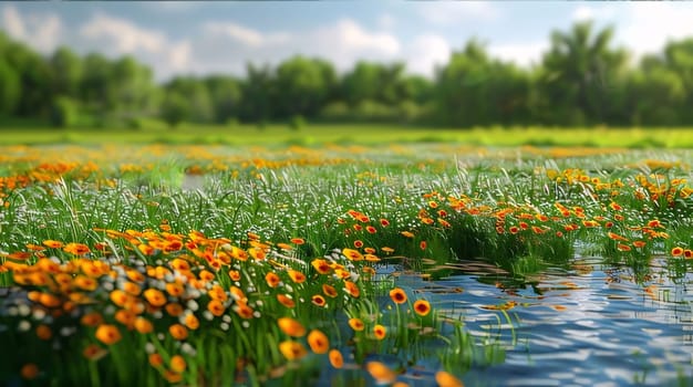 Orange flowers and green leaves, stalks, rising from above the water. Flowering flowers, a symbol of spring, new life. A joyful time of nature waking up to life.