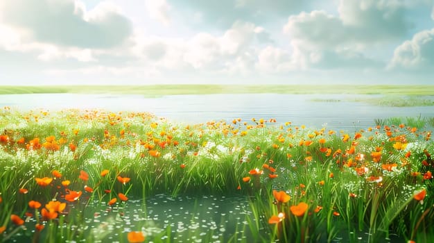 Orange flowers and green leaves, stalks, rising from above the water. Flowering flowers, a symbol of spring, new life. A joyful time of nature waking up to life.