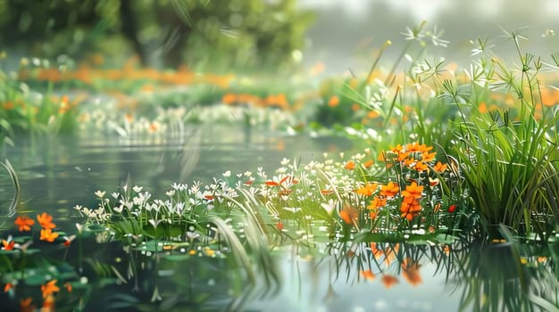 Orange flowers and green leaves, stalks, rising from above the water. Flowering flowers, a symbol of spring, new life. A joyful time of nature waking up to life.