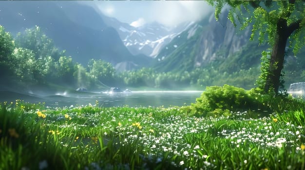 White flowers growing around green grass, over a stream of water. Landscape. Flowering flowers, a symbol of spring, new life. A joyful time of nature waking up to life.