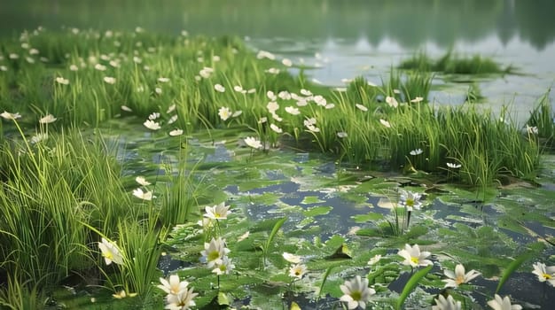 White flowers growing around green grass, over a stream of water. Landscape. Flowering flowers, a symbol of spring, new life. A joyful time of nature waking up to life.