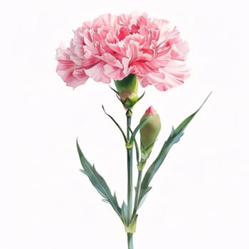 Drawn, painted pink carnation flowers on white background. Flowering flowers, a symbol of spring, new life. A joyful time of nature waking up to life.