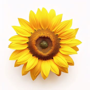 Yellow sunflower flower head on white loaded background top view. Flowering flowers, a symbol of spring, new life. A joyful time of nature waking up to life.
