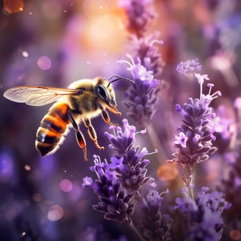 A bee sitting on a purple flower, dark blurred background. Flowering flowers, a symbol of spring, new life. A joyful time of nature waking up to life.