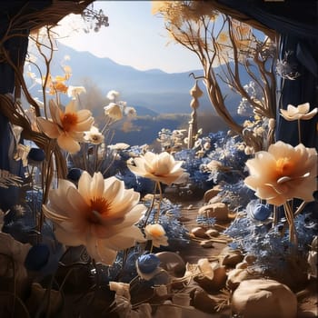 Illustration of tall bright flowers over a background of nature, mountains, nature. Flowering flowers, a symbol of spring, new life. A joyful time of nature waking up to life.
