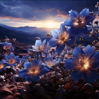 White flowers in the sunset rays, dark background. Flowering flowers, a symbol of spring, new life. A joyful time of nature waking up to life.