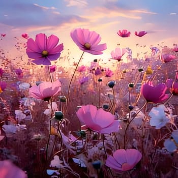Illustration of a field full of pink flowers in the sunshine, at sunset. Flowering flowers, a symbol of spring, new life. A joyful time of nature waking up to life.