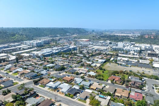 Aerial view of house with blue sky in suburb city in San Diego, California, USA.