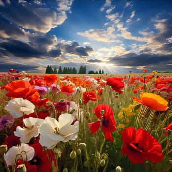 Colorful flowers of poppies in the field, meadow, clearing, at the top of the clouds. Flowering flowers, a symbol of spring, new life. A joyful time of nature waking up to life.