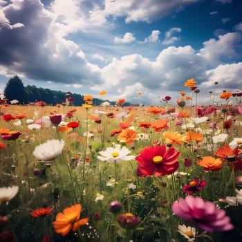 Colorful flowers of poppies in the field, meadow, clearing, at the top of the clouds. Flowering flowers, a symbol of spring, new life. A joyful time of nature waking up to life.