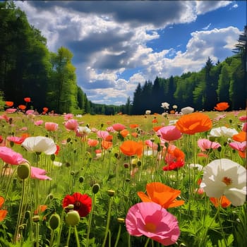 Colorful flowers of poppies in the field, meadow, clearing, at the top of the clouds. Flowering flowers, a symbol of spring, new life. A joyful time of nature waking up to life.