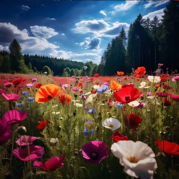 Colorful flowers of poppies in the field, meadow, clearing, at the top of the clouds. Flowering flowers, a symbol of spring, new life. A joyful time of nature waking up to life.