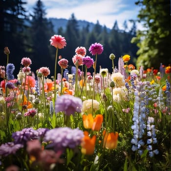Colorful flowers in a field, meadow, clearing, clouds at the top, in the background tall trees, pine trees. Flowering flowers, a symbol of spring, new life. A joyful time of nature waking up to life.