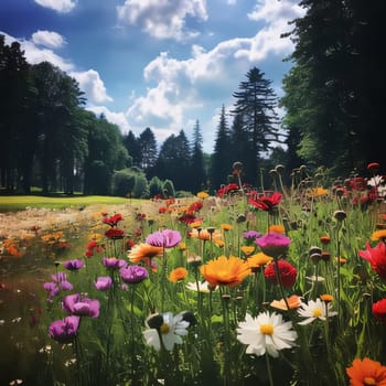 Colorful flowers in a field, meadow, clearing, clouds at the top, in the background tall trees, pine trees. Flowering flowers, a symbol of spring, new life. A joyful time of nature waking up to life.