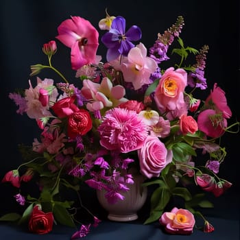 Bouquet of colorful pink flowers in a vase on a dark background. Flowering flowers, a symbol of spring, new life. A joyful time of nature waking up to life.