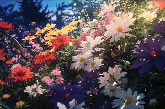 Painted, drawn, white and red flowers in the field. Flowering flowers, a symbol of spring, new life. A joyful time of nature waking up to life.