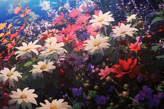 Painted, drawn, white and red flowers in the field. Flowering flowers, a symbol of spring, new life. A joyful time of nature waking up to life.