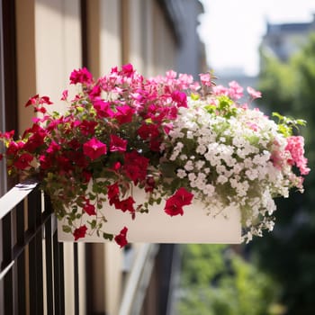 Hanging on the railing white box, pot with white and pink flowers. Flowering flowers, a symbol of spring, new life. A joyful time of nature waking up to life.