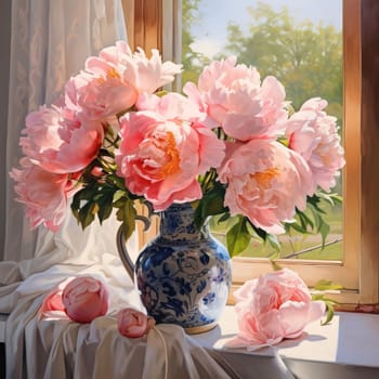 A bouquet of pink flowers in a decorated in a vase on the window. Flowering flowers, a symbol of spring, new life. A joyful time of nature waking up to life.
