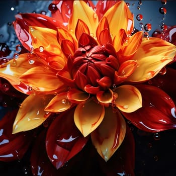 Orange dahlia flower up close with drops of water, rain. Flowering flowers, a symbol of spring, new life. A joyful time of nature waking up to life.