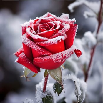 Red rose flower sprinkled with white snow, smudged background of winter. Flowering flowers, a symbol of spring, new life. A joyful time of nature waking up to life.