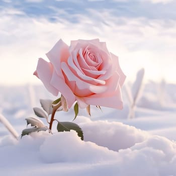 White, pink rose flower sprinkled with white snow, smudged background of winter. Flowering flowers, a symbol of spring, new life. A joyful time of nature waking up to life.