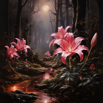 Illustration of pink lily flowers in the middle of a dark forest at night, in the sky, moonlight. Flowering flowers, a symbol of spring, new life. A joyful time of nature waking up to life.