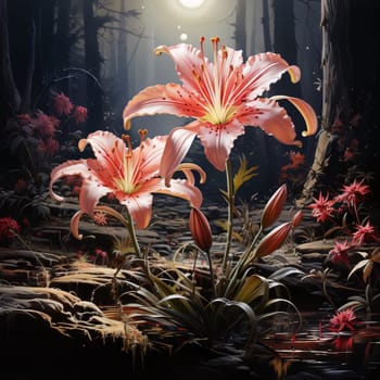 Illustration of pink lily flowers in the middle of a dark forest at night, in the sky, moonlight. Flowering flowers, a symbol of spring, new life. A joyful time of nature waking up to life.