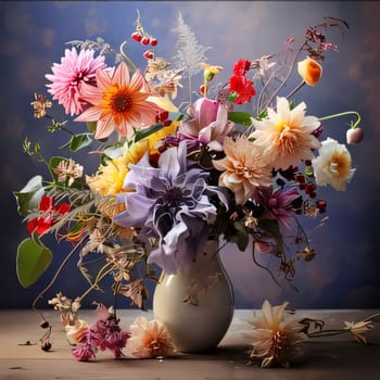 Bouquet of colorful flowers, different species in a vase. Flowering flowers, a symbol of spring, new life. A joyful time of nature waking up to life.