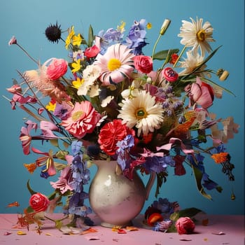 Bouquet of colorful flowers, different species in a vase. Flowering flowers, a symbol of spring, new life. A joyful time of nature waking up to life.