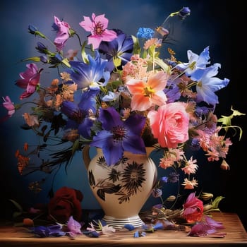 Bouquet of colorful flowers, different species in a vase. Flowering flowers, a symbol of spring, new life. A joyful time of nature waking up to life.