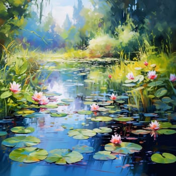 Painted painting with watercolor paint, green leaves of lily flowers, tall grasses, overgrown water stream. Flowering flowers, a symbol of spring, new life. A joyful time of nature waking up to life.