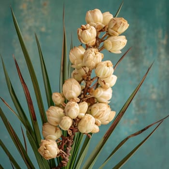 Small white flowers and long green leaves on a dark background. Flowering flowers, a symbol of spring, new life. A joyful time of nature waking up to life.