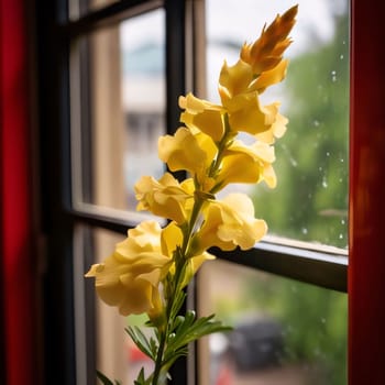 Yellow flowers, window in the background. Flowering flowers, a symbol of spring, new life. A joyful time of nature waking up to life.