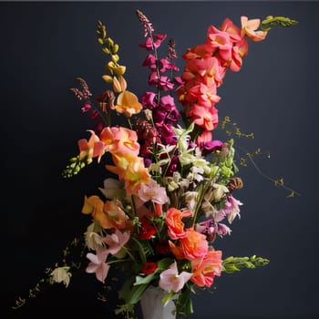 Colorful flowers in a vase set against a dark background. Flowering flowers, a symbol of spring, new life. A joyful time of nature waking up to life.